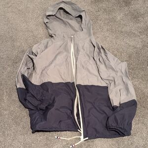 Two-Tone Gray and Navy Hooded Rain Jacket/Windbreaker